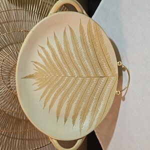 Handmade 12" Tan Leaf Design Serving Platter With Handles.